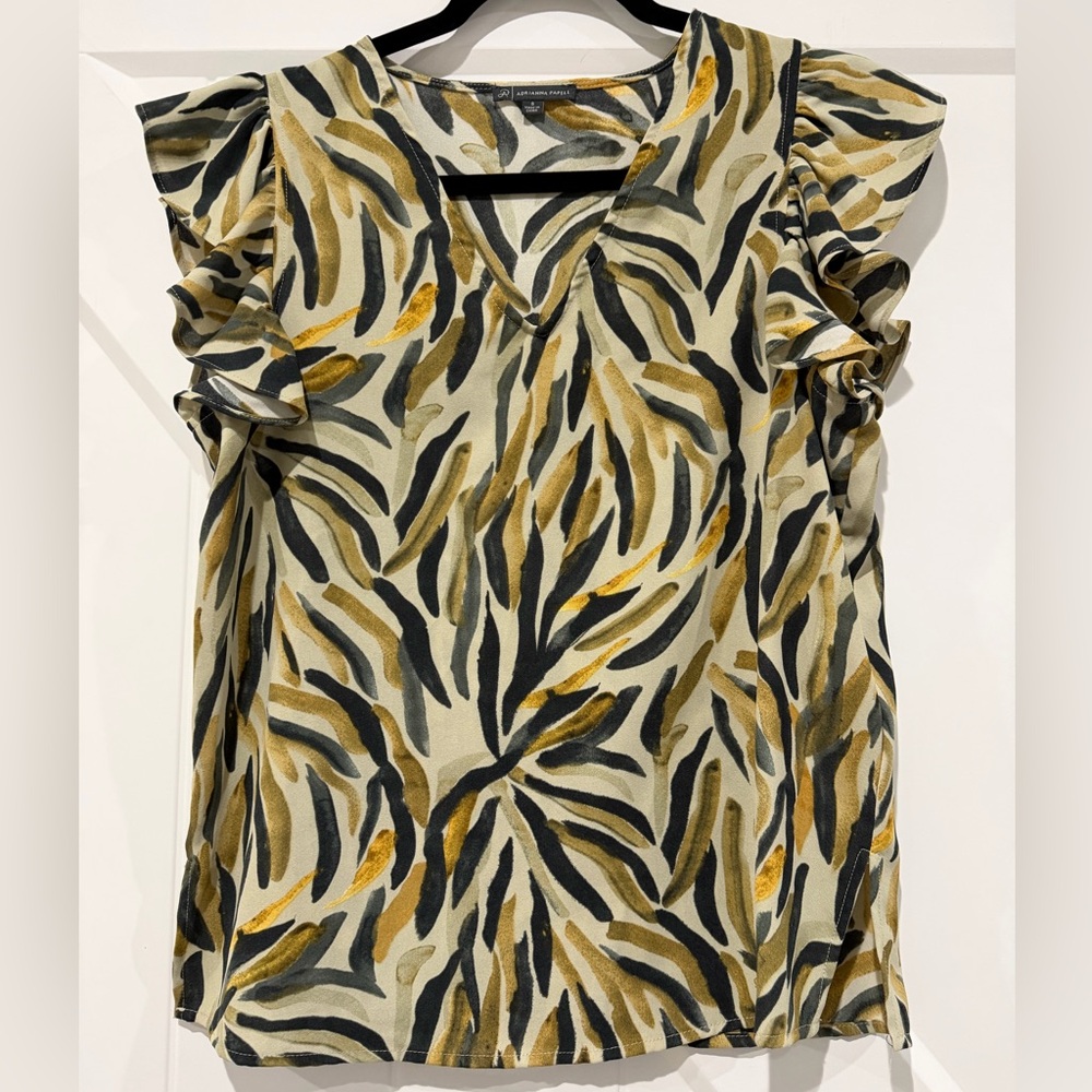Adrianna Papell- Zebra Print Ruffle Sleeve Blouse - Black, Gold, Cream